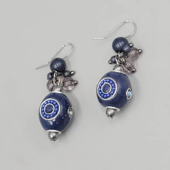 Blue Bead Pierced Earrings Crystal Silver tone Dangle 1.25 in - Picture 8 of 8